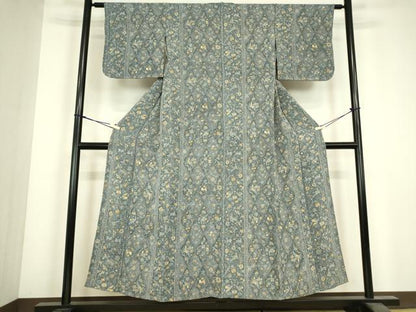 平和屋着物▽上質な小紋　単衣　動物更紗花文　鬼しぼ縮緬　正絹　逸品　DABJ1095az