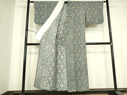 平和屋着物▽上質な小紋　単衣　動物更紗花文　鬼しぼ縮緬　正絹　逸品　DABJ1095az