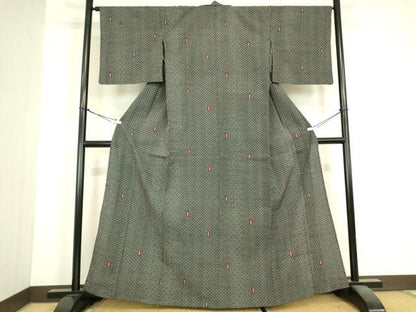 平和屋着物▽本塩沢　単衣　幾何学文　黒地　正絹　逸品　DABJ1108az