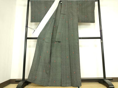 平和屋着物▽本塩沢　単衣　幾何学文　黒地　正絹　逸品　DABJ1108az