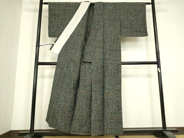 平和屋着物▽上質な紬　単衣　幾何学花文　正絹　逸品　DABJ1113az