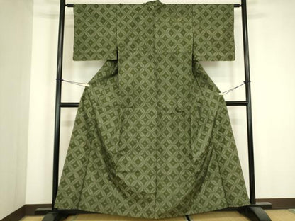平和屋着物▽上質な紬　単衣　菱文　正絹　逸品　DABJ1120az