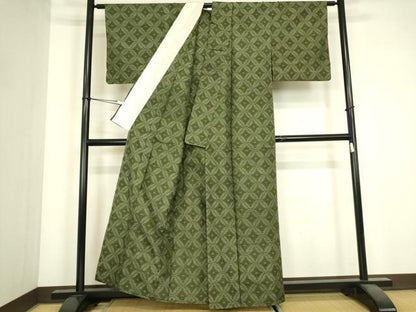 平和屋着物▽上質な紬　単衣　菱文　正絹　逸品　DABJ1120az