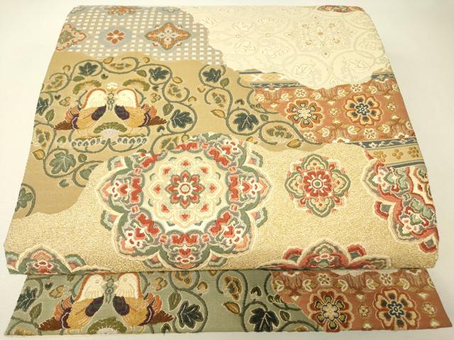 平和屋着物▼六通柄袋帯　唐織　正倉院唐花文錦　金糸　正絹　逸品　DABJ1128az