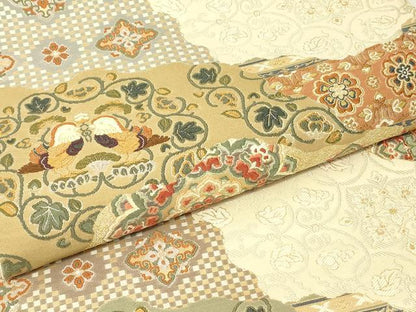 平和屋着物▼六通柄袋帯　唐織　正倉院唐花文錦　金糸　正絹　逸品　DABJ1128az