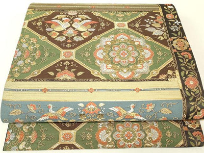 平和屋着物▼六通柄袋帯　正倉院向かい鳥花文　金銀糸　引箔　正絹　逸品　DABJ1130az