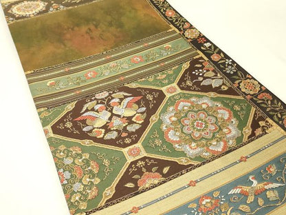 平和屋着物▼六通柄袋帯　正倉院向かい鳥花文　金銀糸　引箔　正絹　逸品　DABJ1130az