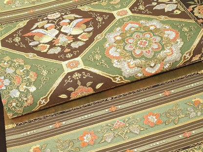 平和屋着物▼六通柄袋帯　正倉院向かい鳥花文　金銀糸　引箔　正絹　逸品　DABJ1130az