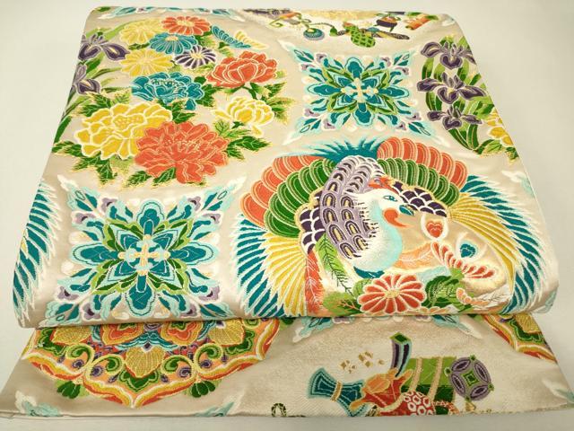 平和屋着物▼六通柄袋帯　唐織　宝尽くし鳳凰花文　金糸　正絹　逸品　DABJ1132az