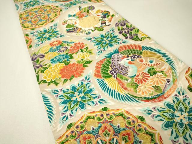 平和屋着物▼六通柄袋帯　唐織　宝尽くし鳳凰花文　金糸　正絹　逸品　DABJ1132az