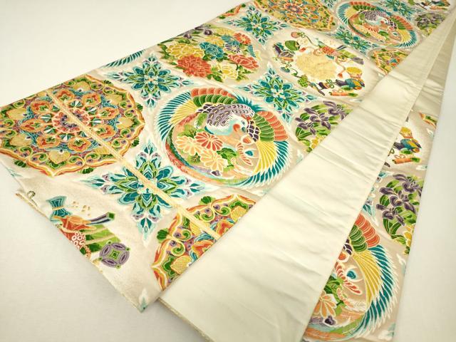 平和屋着物▼六通柄袋帯　唐織　宝尽くし鳳凰花文　金糸　正絹　逸品　DABJ1132az