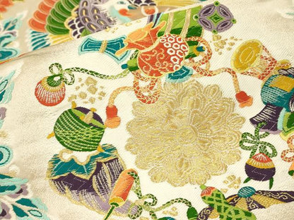 平和屋着物▼六通柄袋帯　唐織　宝尽くし鳳凰花文　金糸　正絹　逸品　DABJ1132az
