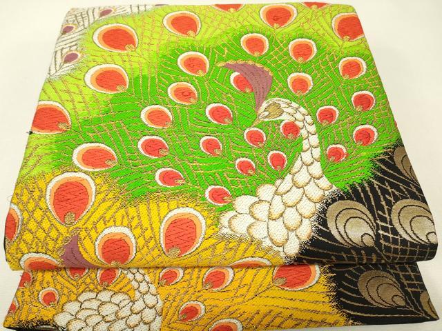 平和屋着物▼六通柄袋帯　唐織　孔雀文　黒地　金糸　正絹　逸品　DABJ1142az