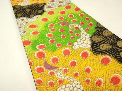 平和屋着物▼六通柄袋帯　唐織　孔雀文　黒地　金糸　正絹　逸品　DABJ1142az