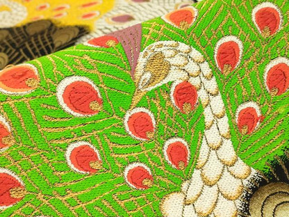 平和屋着物▼六通柄袋帯　唐織　孔雀文　黒地　金糸　正絹　逸品　DABJ1142az