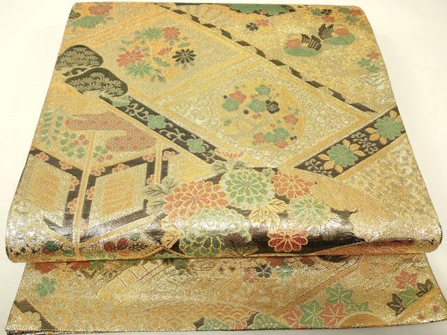 平和屋着物▼佐賀錦　六通柄袋帯　鴛鴦扇面花文　金糸　正絹　逸品　DABJ1144az