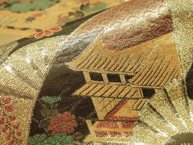 平和屋着物▼佐賀錦　六通柄袋帯　鴛鴦扇面花文　金糸　正絹　逸品　DABJ1144az