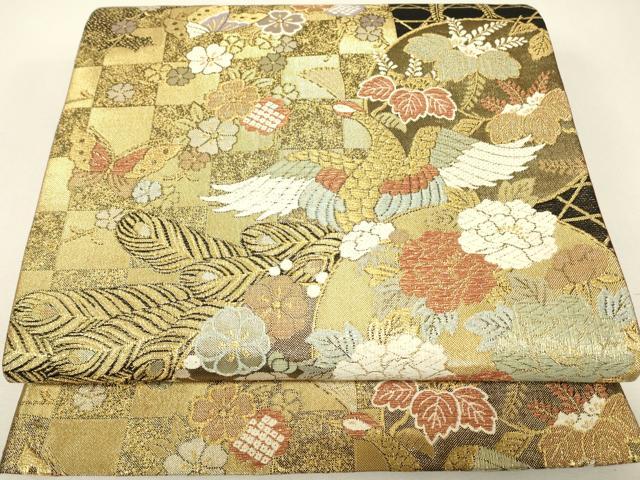 平和屋着物▼六通柄袋帯　鳳凰花丸文　金糸　正絹　逸品　DABJ1151az
