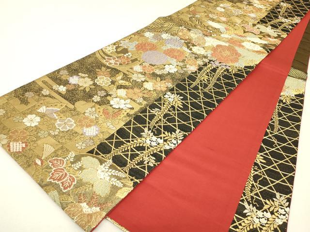 平和屋着物▼六通柄袋帯　鳳凰花丸文　金糸　正絹　逸品　DABJ1151az