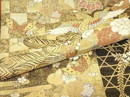 平和屋着物▼六通柄袋帯　鳳凰花丸文　金糸　正絹　逸品　DABJ1151az