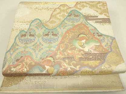 平和屋着物▼六通柄袋帯　鴛鴦花文　寿光織　金銀糸　正絹　逸品　DABJ1162az