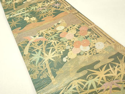 平和屋着物▼六通柄袋帯　霞花鳥文　金糸　正絹　逸品　DABJ1179az