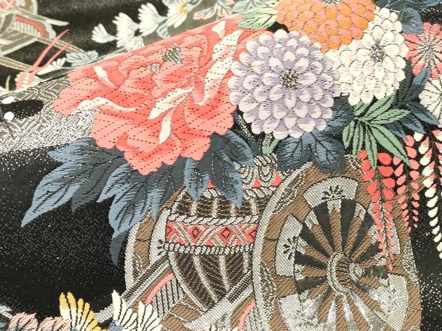 平和屋着物▼六通柄袋帯　唐織　九百錦　加賀花車文　黒地　銀糸　正絹　逸品　DABJ1186az