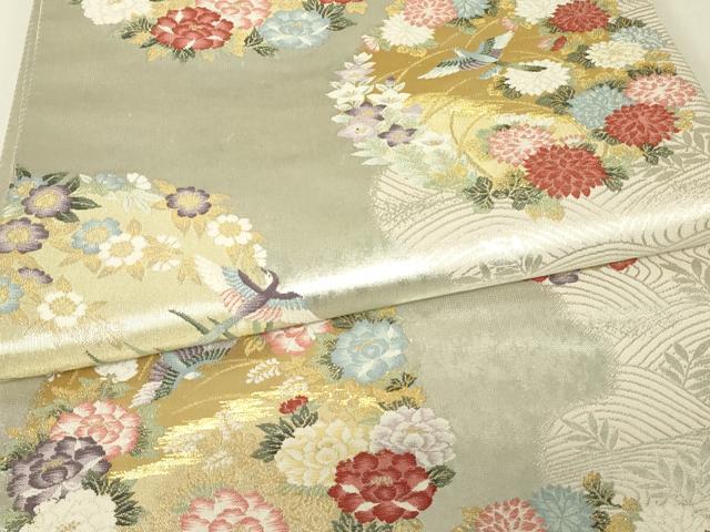 平和屋着物▼六通柄袋帯　加賀紹巴　花鳥遊楽苑　金糸　正絹　逸品　DABJ1187az