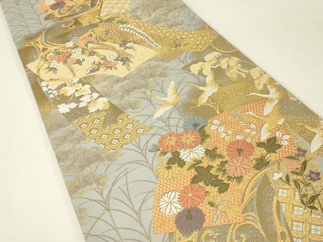平和屋着物▼六通柄袋帯　華苑蒔絵錦　金糸　正絹　逸品　DABJ1191az