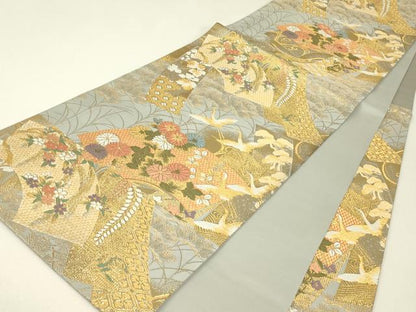 平和屋着物▼六通柄袋帯　華苑蒔絵錦　金糸　正絹　逸品　DABJ1191az