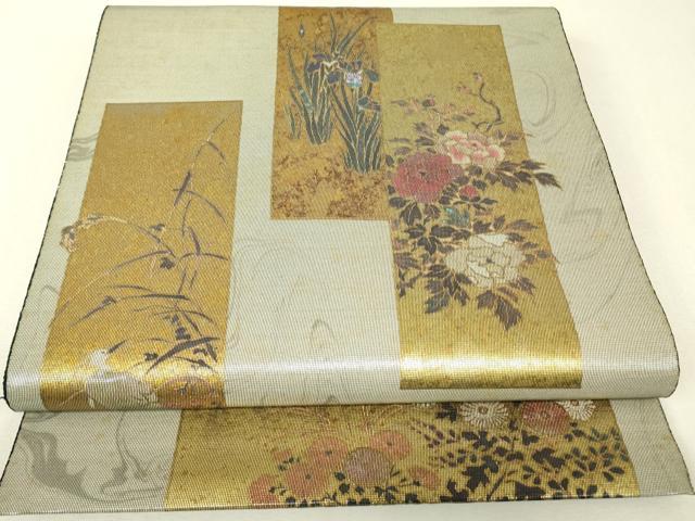 平和屋着物▼太鼓柄袋帯　螺鈿箔　短冊花鳥文　金彩　正絹　逸品　DABJ1196az