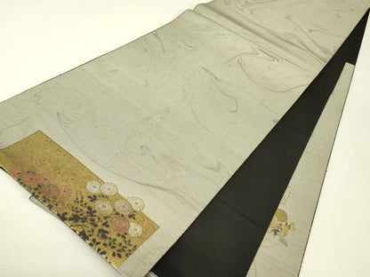 平和屋着物▼太鼓柄袋帯　螺鈿箔　短冊花鳥文　金彩　正絹　逸品　DABJ1196az
