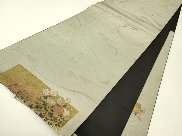 平和屋着物▼太鼓柄袋帯　螺鈿箔　短冊花鳥文　金彩　正絹　逸品　DABJ1196az