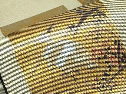 平和屋着物▼太鼓柄袋帯　螺鈿箔　短冊花鳥文　金彩　正絹　逸品　DABJ1196az