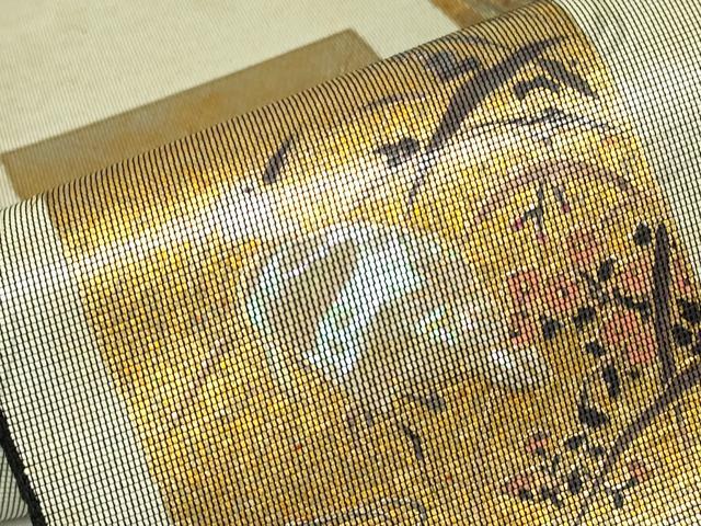 平和屋着物▼太鼓柄袋帯　螺鈿箔　短冊花鳥文　金彩　正絹　逸品　DABJ1196az