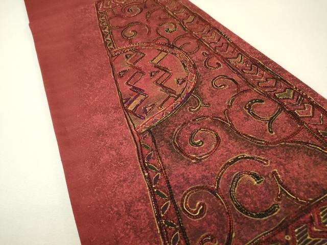 平和屋着物▼総刺繍　太鼓柄袋帯　紬地　幾何学文　正絹　逸品　DABJ1205az