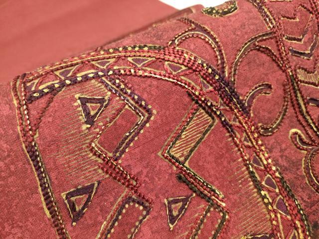 平和屋着物▼総刺繍　太鼓柄袋帯　紬地　幾何学文　正絹　逸品　DABJ1205az