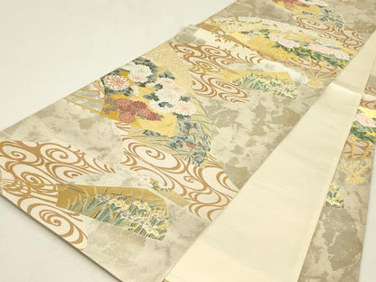 平和屋着物▼六通柄袋帯　唐織　琳派礼賛　流水扇面散文　金糸　引箔　正絹　逸品　DABJ1216az
