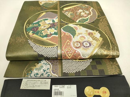 平和屋着物▼西陣　木野織物謹製　六通柄袋帯　色紙重ね花丸文　金糸　引箔　証紙付き　正絹　逸品　DABJ1218az
