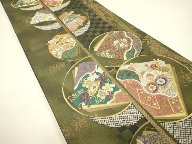 平和屋着物▼西陣　木野織物謹製　六通柄袋帯　色紙重ね花丸文　金糸　引箔　証紙付き　正絹　逸品　DABJ1218az