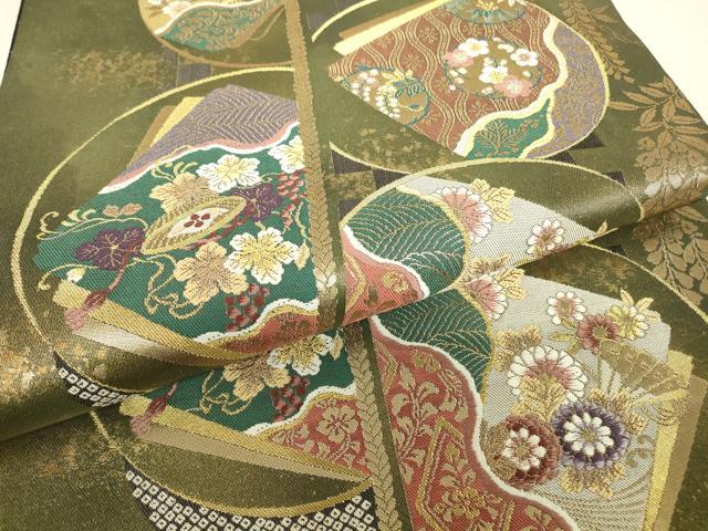 平和屋着物▼西陣　木野織物謹製　六通柄袋帯　色紙重ね花丸文　金糸　引箔　証紙付き　正絹　逸品　DABJ1218az