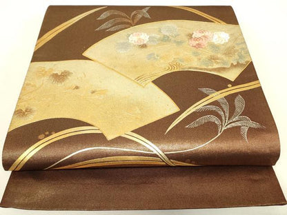 平和屋着物▼太鼓柄袋帯　駒刺繍　地紙花文　金銀彩　正絹　逸品　DABJ1219az