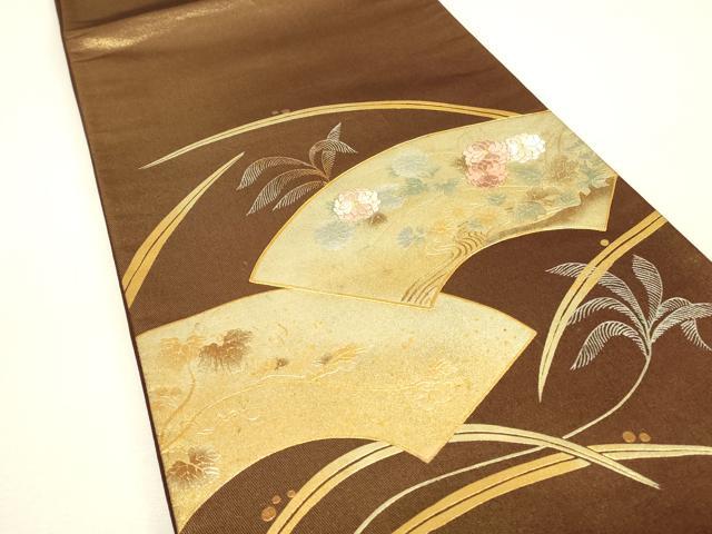 平和屋着物▼太鼓柄袋帯　駒刺繍　地紙花文　金銀彩　正絹　逸品　DABJ1219az