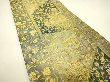 平和屋着物▼六通柄袋帯　正倉院花喰い鳥　金糸　正絹　逸品　DABJ1222az