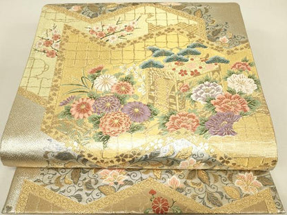 平和屋着物▼六通柄袋帯　屏風花車文　金糸　正絹　逸品　DABJ1223az