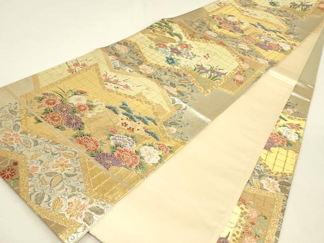 平和屋着物▼六通柄袋帯　屏風花車文　金糸　正絹　逸品　DABJ1223az