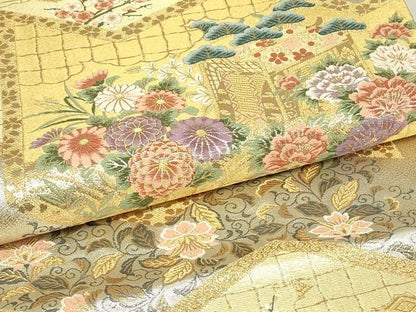 平和屋着物▼六通柄袋帯　屏風花車文　金糸　正絹　逸品　DABJ1223az