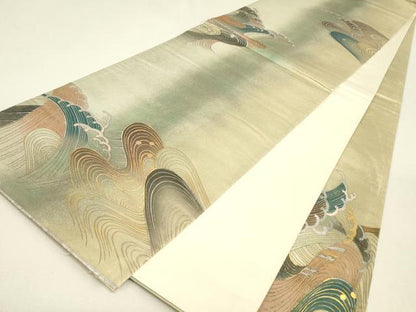 平和屋着物▼太鼓柄袋帯　玉虫装飾帯　流水文　金銀彩　正絹　逸品　DABJ1224az