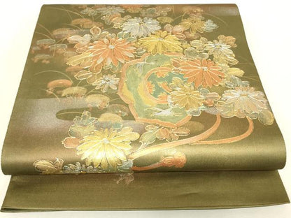 平和屋着物▼太鼓柄袋帯　作家物　鏡裏花文　金銀彩　正絹　逸品　DABJ1229az