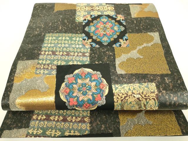 平和屋着物▼六通柄袋帯　天平華文市松くずし　金糸　引箔　正絹　逸品　DABJ1233az